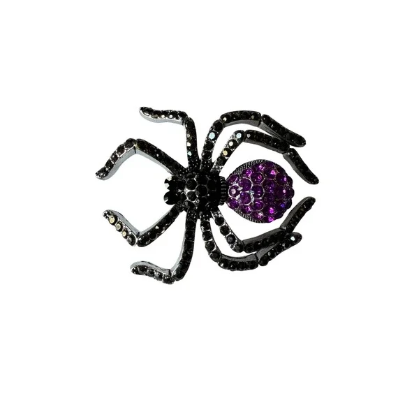 Purple and Black Rhinestone Spider Brooch Silver Tone Gothic Halloween Pin