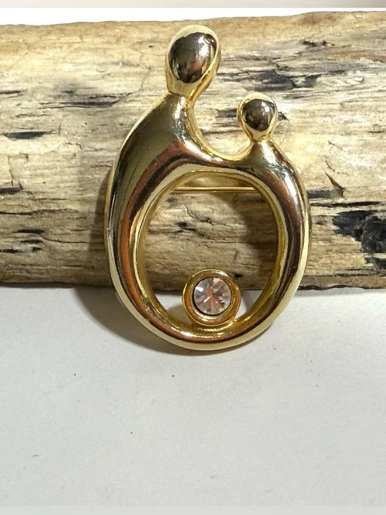 Mother & Child Brooch Stylized Open Round Clear Rhinestone Gold Tone
