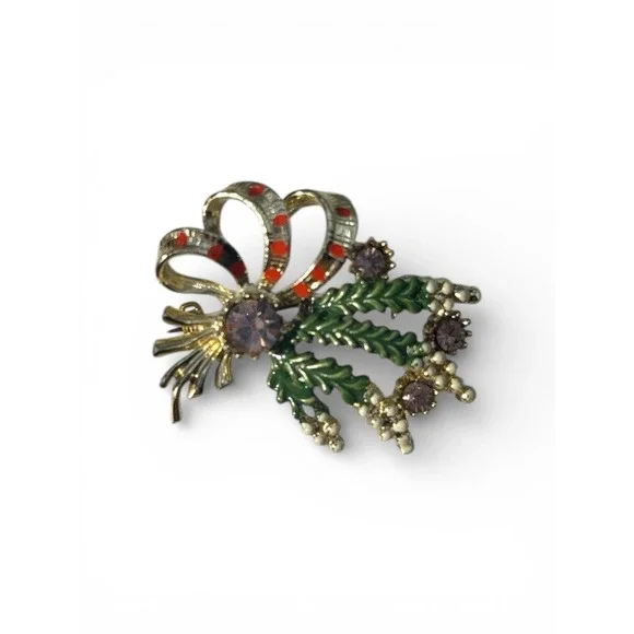 Vintage Signed Exquisite Scottish Lucky‎ Heather Purple Rhinestone Ribbon Brooch