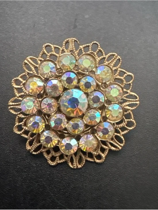Aurora Borealis Rhinestone Filigree Brooch - Gold Tone