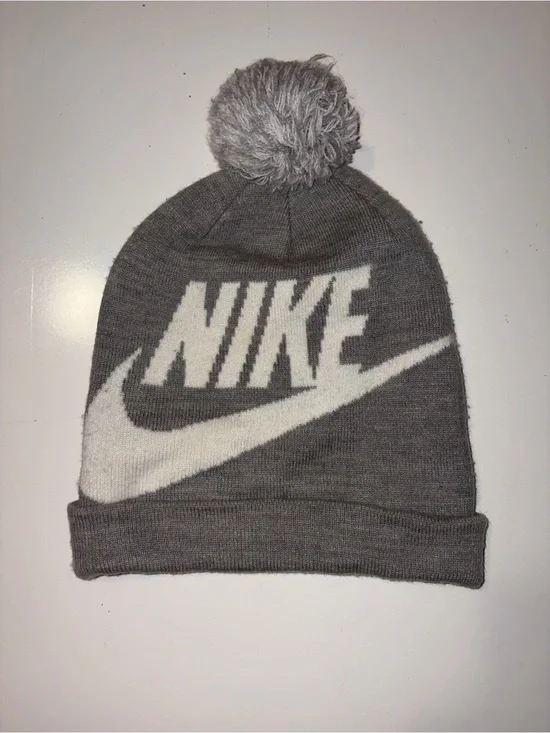 Nike Kids Gray Pom Beanie with White Swoosh