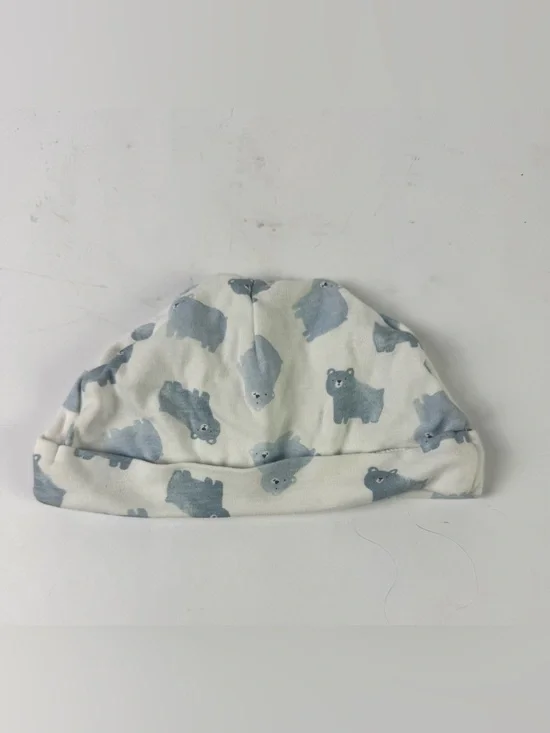 Baby Bear Print Cotton Beanie Hat - White & Light Blue - 9M