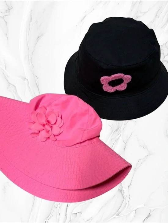 Black Bucket Hat with Pink Flower Patch & Bright Pink Wide Brim Floral Sun Hat