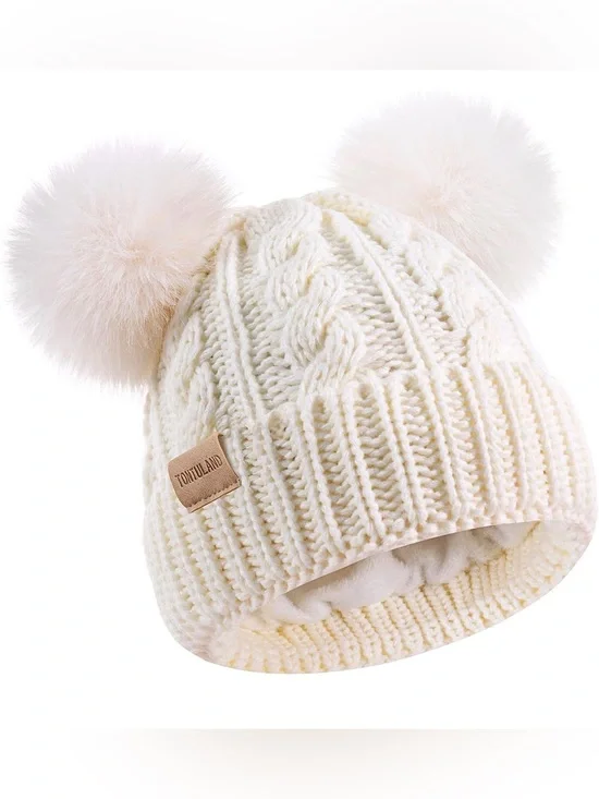 White Double Pom Pom Knit Beanie for Kids