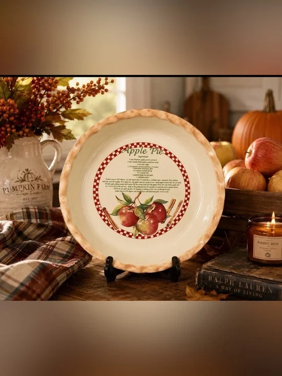 Apple Pie Baking And Recipe 10 Inch Pie Plate Red Green Ceramic Country Kitchen