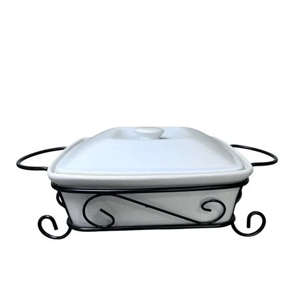 Banquet White Ceramic Casserole Baking Dish with Lid &‎ Scrollwork Metal Stand