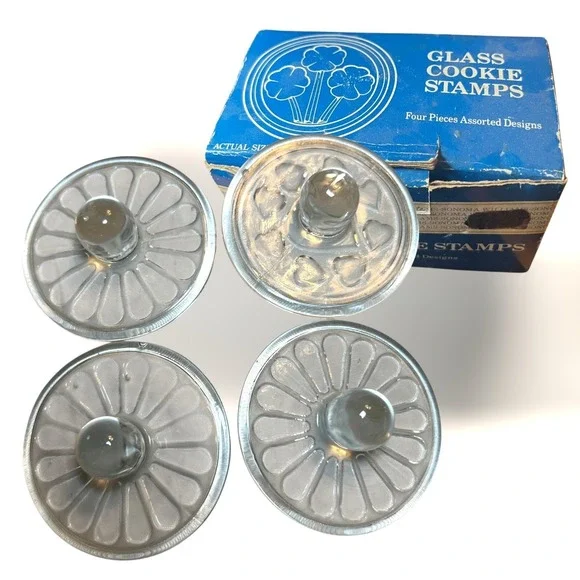 VTG Williams Sonoma Glass Cookie Stamps 4pc‎ Set Clear Floral Heart TAIWAN BOX