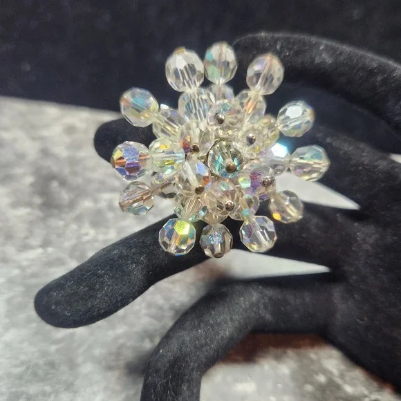 Vintage Aurora Borealis Crystal Bead Snowflake Brooch Silver Tone Iridescent