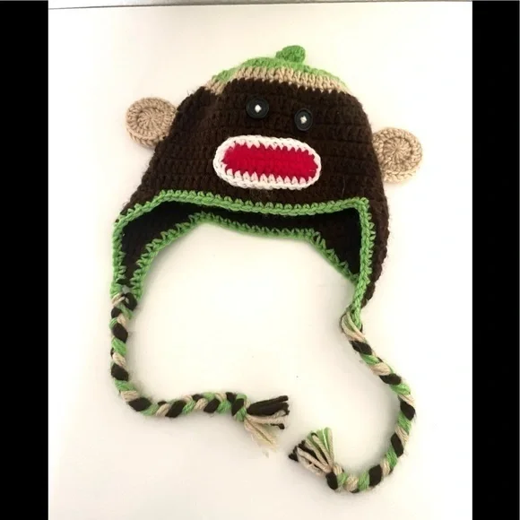 HANDMADE Knitted crochet toddler monkey beanie with braids -one size