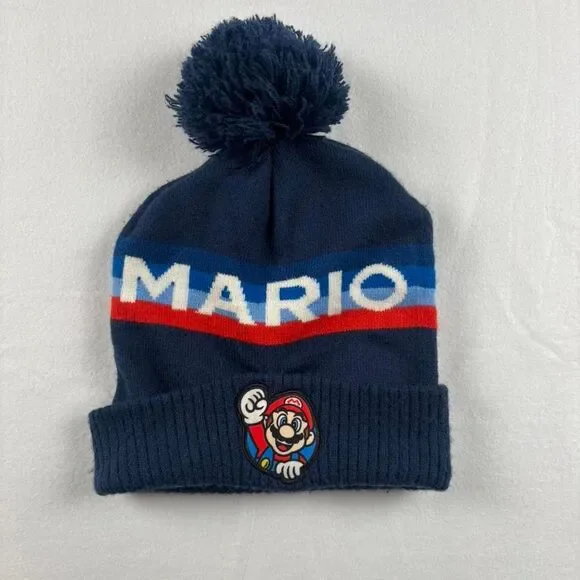 Nintendo Mario Blue Pom Beanie Hat Embroidered Logo Winter