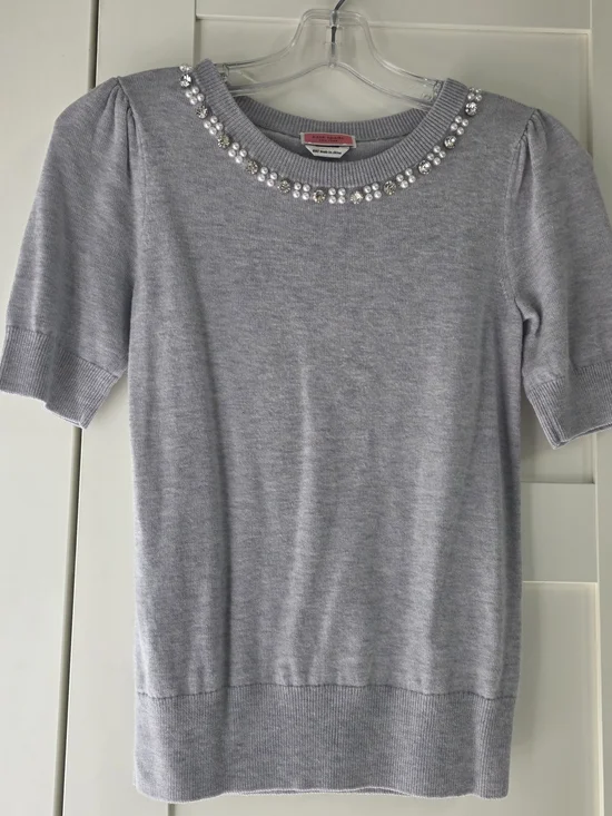 Kate Spade Gray Pearls And Crystals Crewneck Sweater
