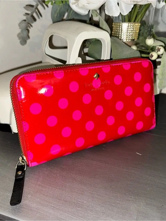 Kate Spade Red Patent Long Wallet with Pink Polka Dots - GUC