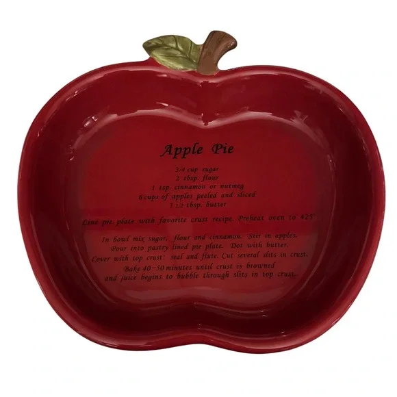 Harvest Red Ceramic Apple Shaped Pie Dish with Printed Recipe Fall Kitchen Decor