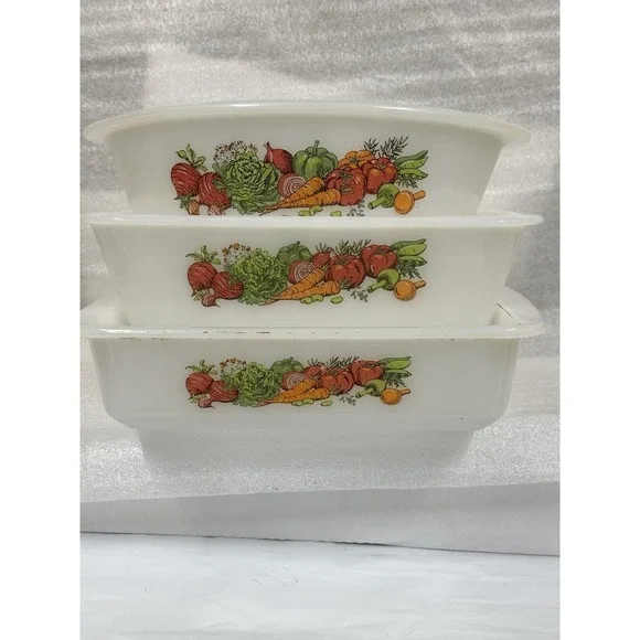 Vintage Glasbake‎ Lot Of 3 Vegetable Garden Medley Casserole Loaf Oval Serving