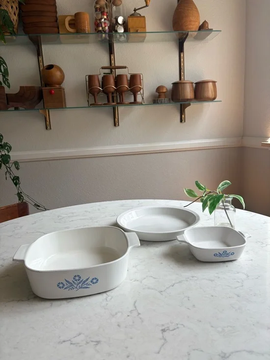 Vintage Corningware White Ceramic Baking Dishes with Blue Floral Motif