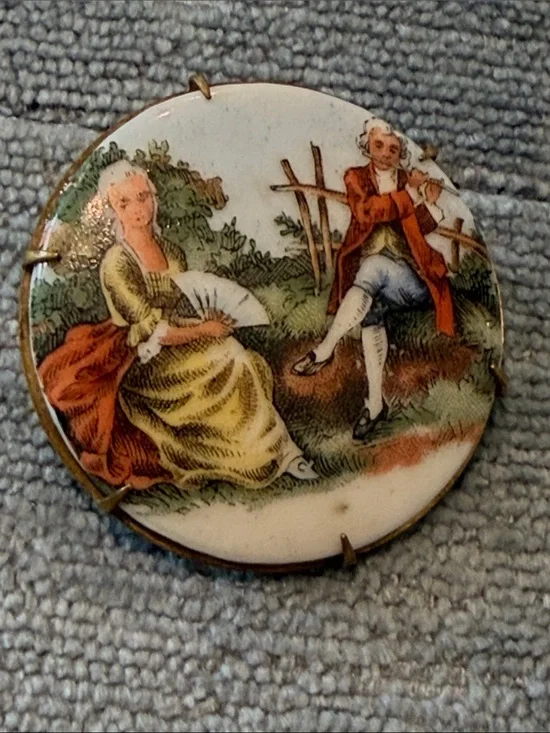 Vintage Large Ceramic Courting Couple Brooch Pin