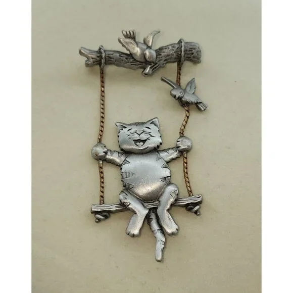 Vtg‎ JJ Jonette Pewter Brooch Pin Articulated Swinging Cat Birds Silver Toned