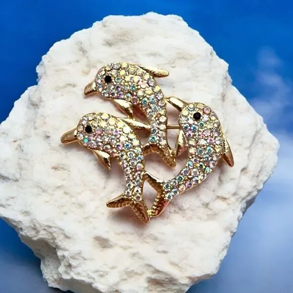 Aurora Borealis Rhinestone Dolphins Gold Tone Brooch NWT