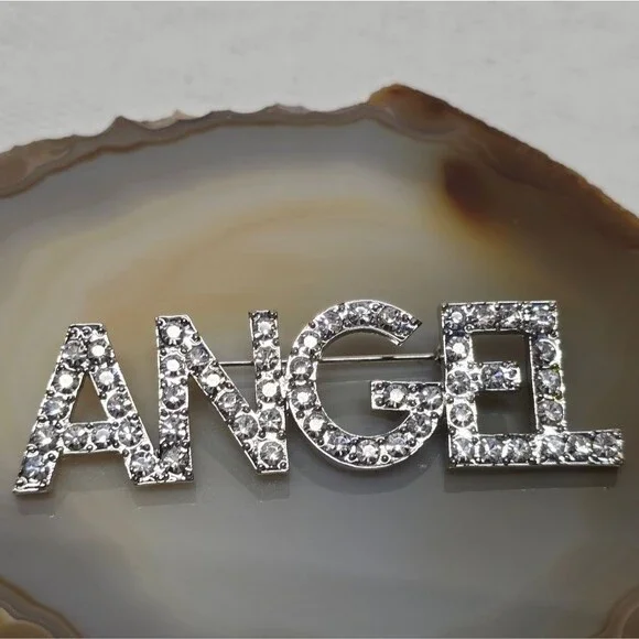 Vintage 90s Silver Tone Shiny Clear Crystal Rhinestone Word 