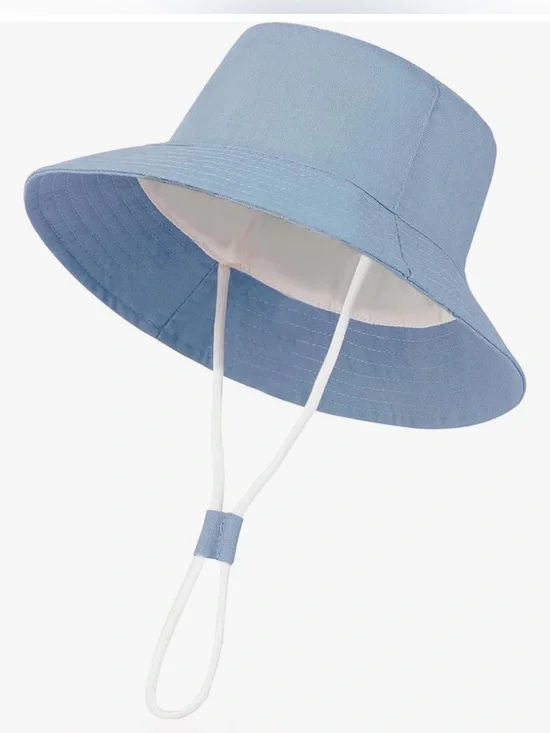 Light Blue Baby Boy Girl Bucket Sun Hat Chin Strap Cotton Linen Blend Sz 6-12 m