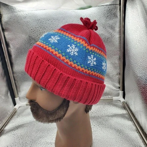 Talbots Kids Hat Beanie Knit Red Fair Isle Snowflake 100% Cotton Boys‎ One Size