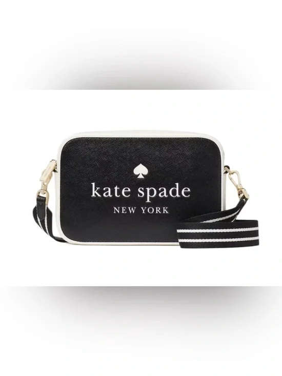Kate Spade Black and White Logo Crossbody Bag with Striped Strap