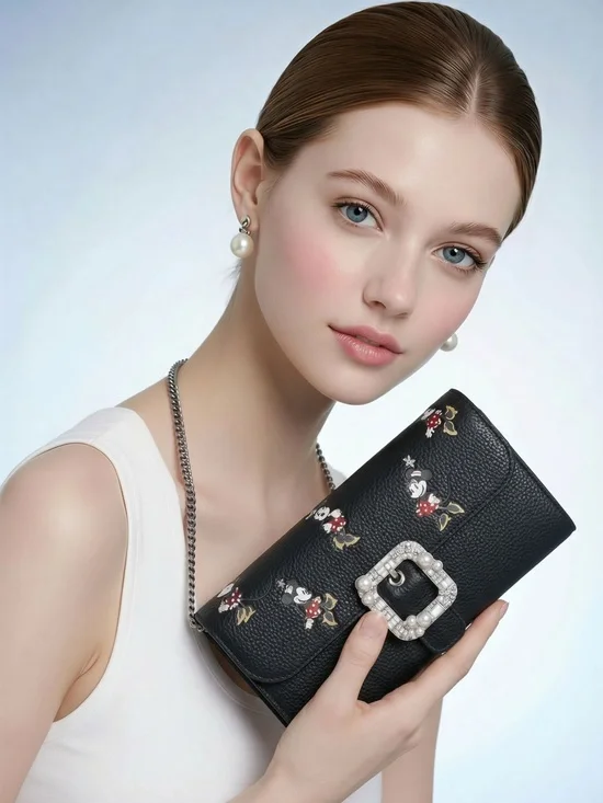 Disney Kate Spade Minnie Mouse Crossbody Wallet Clutch Rhinestone Pearl Buckle