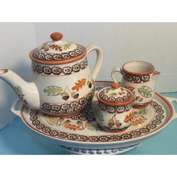 Temp-tations Old‎ World Autumn Tea Serving Set With Tray Fall Leaves Acorns. 6pc
