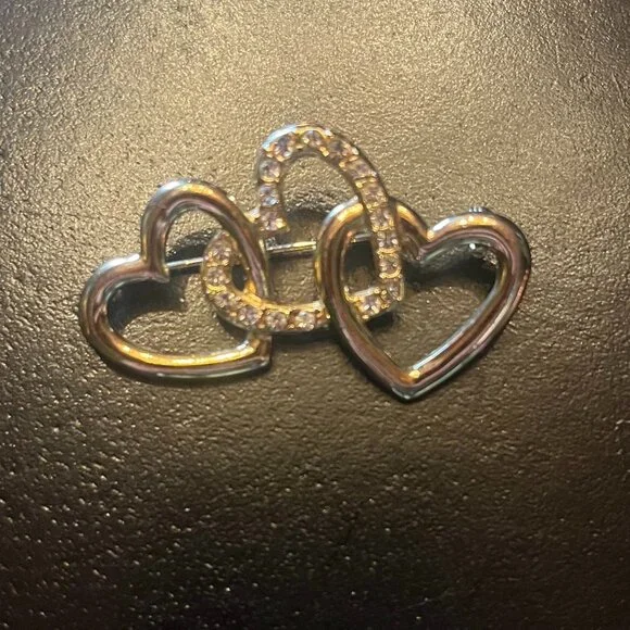 Triple Heart Gold Tone Brooch with Rhinestones