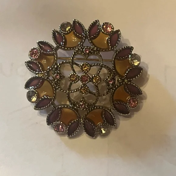 Elegant Plique-a-jour Floral Brooch with Brown Pink and Gold Accents