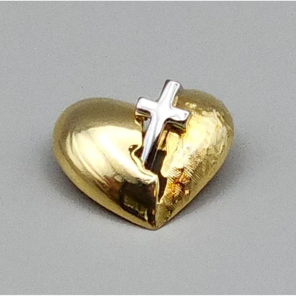 Gold Textured Separated Two Half Broken Heart Brooch With Silver Cross 1