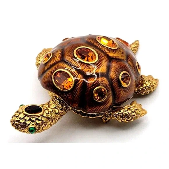 JOAN RIVERS TORTOISE/ TURTLE BROOCH ENAMEL‎ CRYSTAL ACCENTS BROWN SIGNED