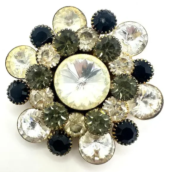 Vintage gold tone large clear rivolis smoky gray black rhinestones brooch
