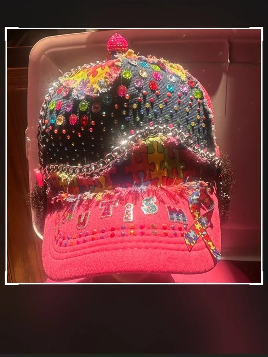 Kids Pink Puzzle-Print Embellished Cap with Autism Ribbon