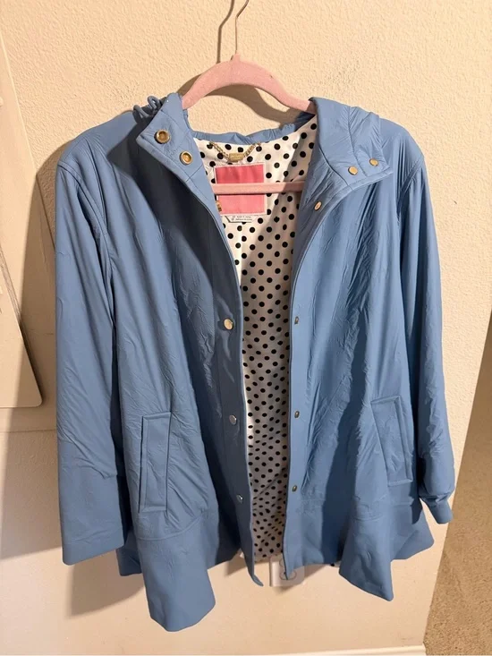 Kate Spade New York Blue Hooded Rain Jacket Polka Dot Lining XS