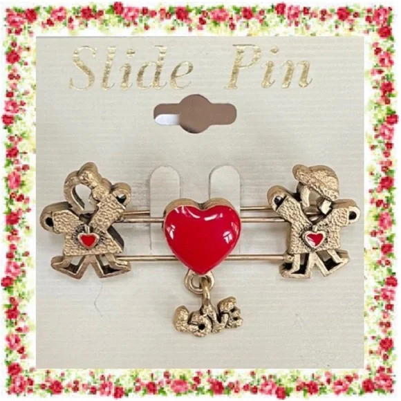 Heart Love Brooch Whimsical Figural Fun Slide Pin Colorful Retro Red Gold Cutout