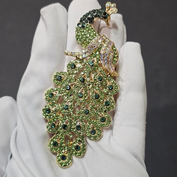LARGE Rhinestone Peacock Brooch Women Multicolor Gold Tone Statement Broch