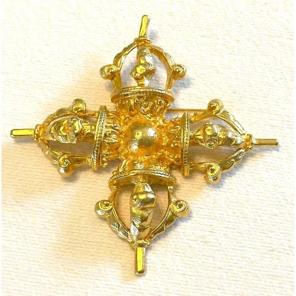 Vintage Kenneth Jay Lane KJL Double Vajra Vishvavajra Gold Tone Buddhist Brooch