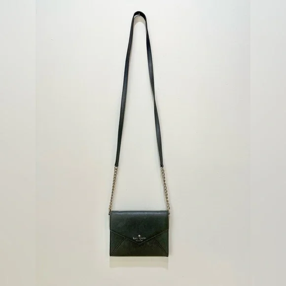 Kate Spade Black Leather Envelope Crossbody Bag, Silver Chain and Leather Strap