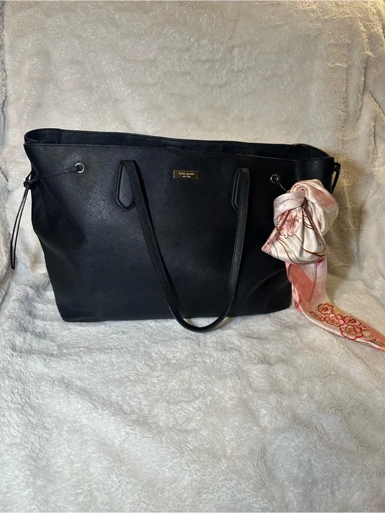 kate spade Black Leather Tote with Pink Scarf Accent