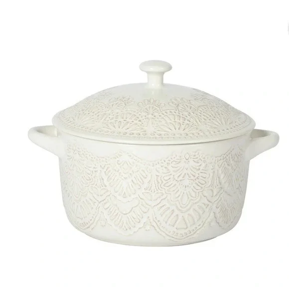 The Pioneer Woman Lace Round Ceramic Casserole Baking Dish‎ w Lid 1 QT