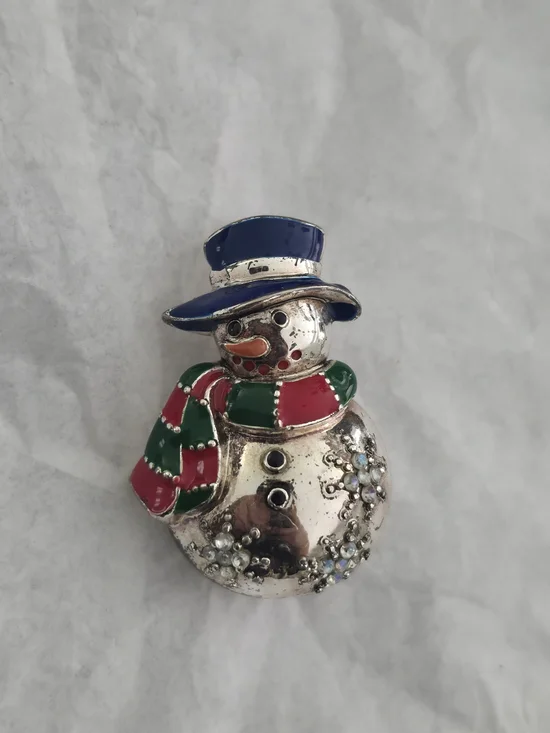 Vintage Festive Snowman Brooch with Blue Hat and Red-Green Scarf