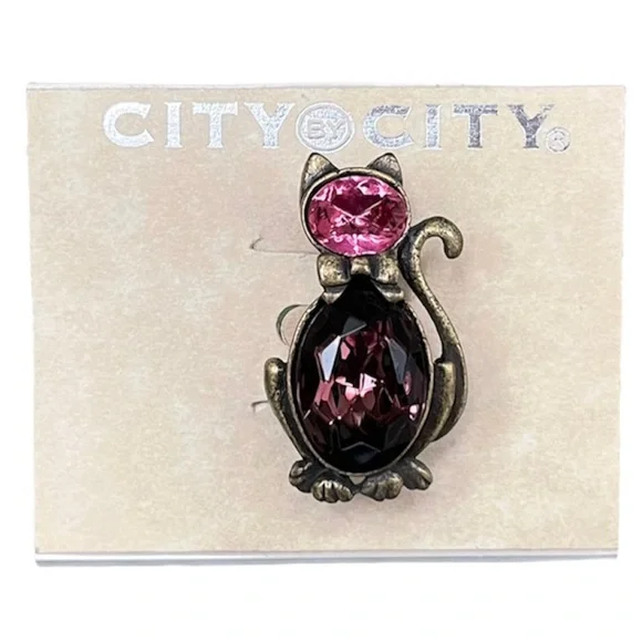 Cat Brooch Pin Pink Amethyst Purple Antique Gold Finish Cat Tail Kitten