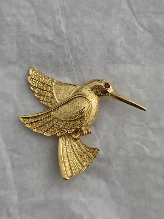 Vintage Gold Hummingbird Bird Pin Brooch - Gold Color
