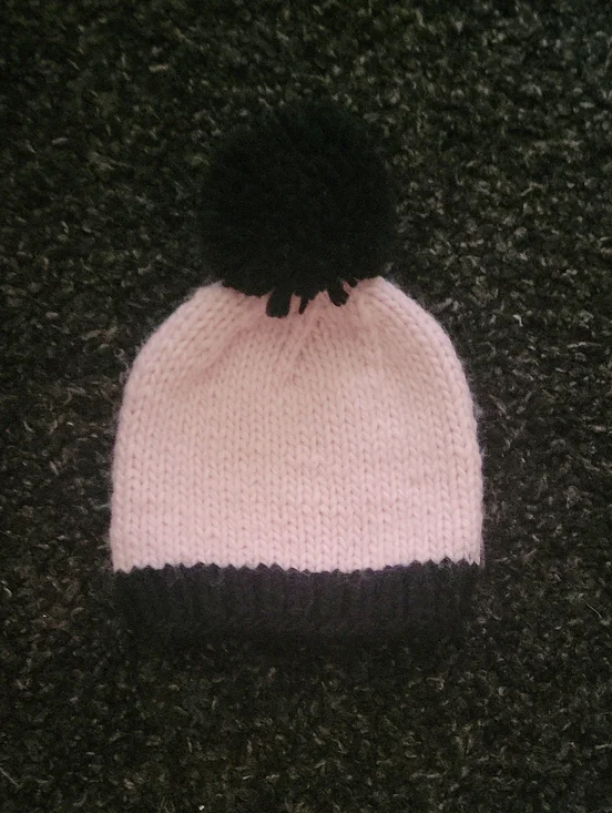 Kids Pink Knit Pom Pom Hat with Black Trim
