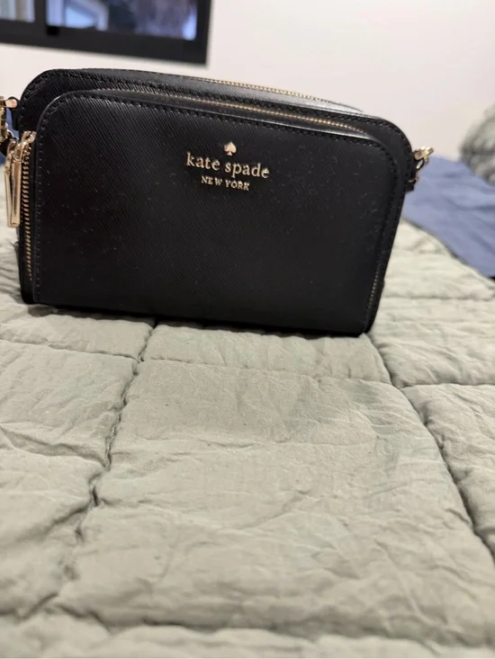kate spade black leather double-zip crossbody with gold hardware