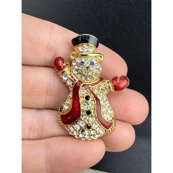 Vintage Monet Brooch Gold Tone Rhinestone Enamel Snowman