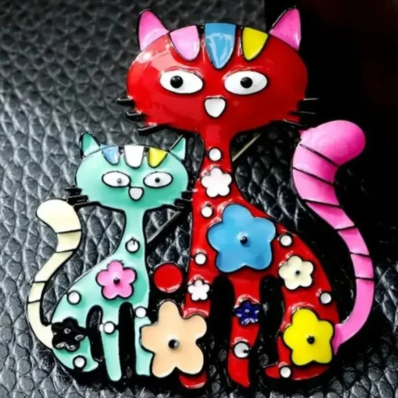 Cute Vibrant Multicolor Enamel Cat Couple Brooch - Large