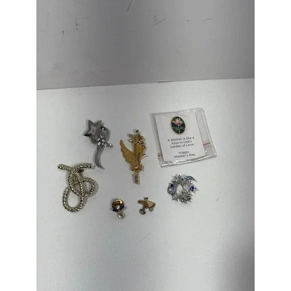 Brooch / Pins Mixed Lot Of 7 Angel Flowers Rhinestones Celestial Son Moon Mother