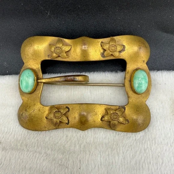 Vintage Sash Brooch Gold Tone Art Deco Green